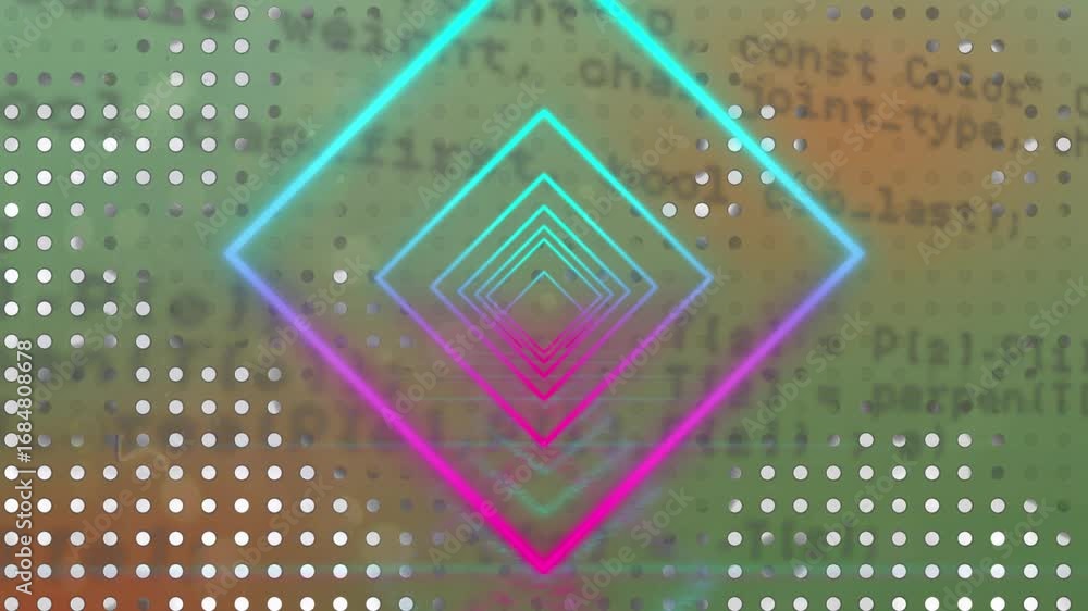 Aufkleber animation of neon squares moving over dotted background with data processing