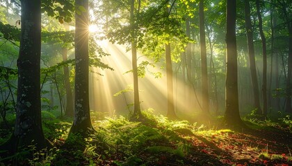 A luminous forest veiled in soft mist, where light beams filter through translucent leaves, creating a serene otherworldly glow