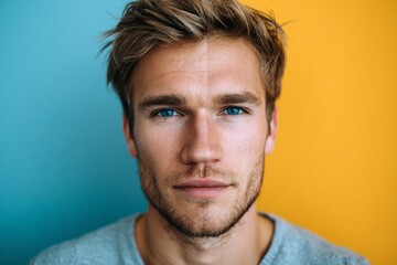 Fototapeta premium Close-up portrait of a man with striking blue eyes, positioned between vibrant teal and sunny yellow backgrounds.