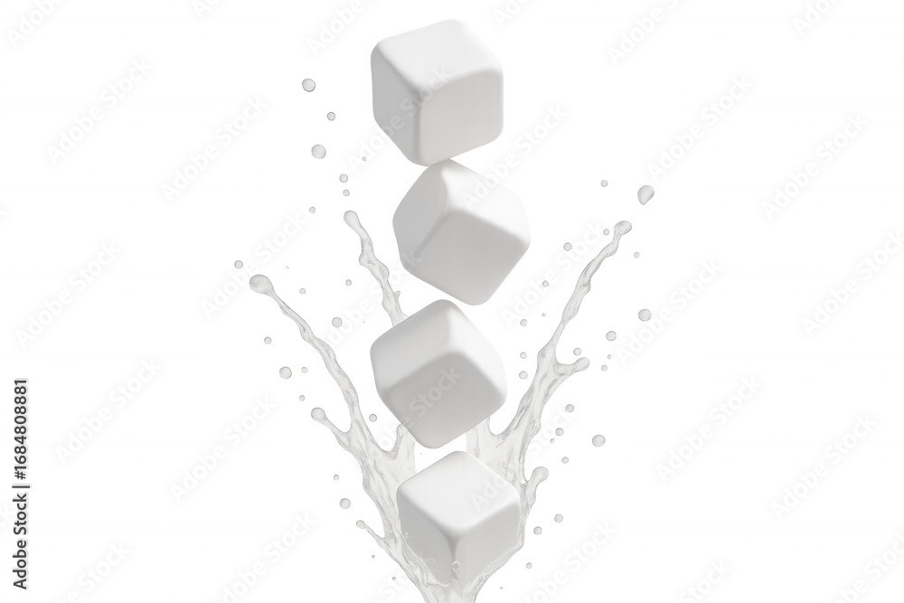 Poster milk splashing dynamically around white cubes balanced precariously, creating geometric visual tensi