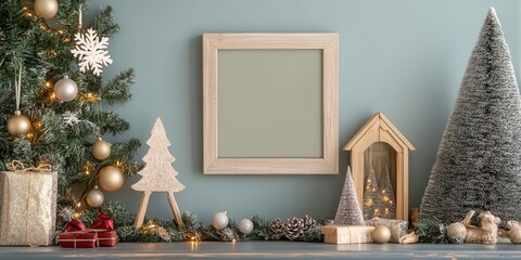 Decorate for Holiday with Christmas Ornaments, Gift Boxes, and Wooden Frame Mockup