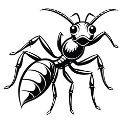 Detailed Black and White Illustration of an Ant Insect with Stylized Body and Exaggerated Features on a White Background