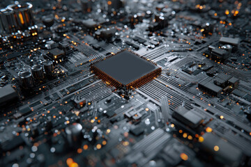 Close-up view of an abstract technology chip processor surrounded by circuit patterns showcasing intricate designs and glowing connections