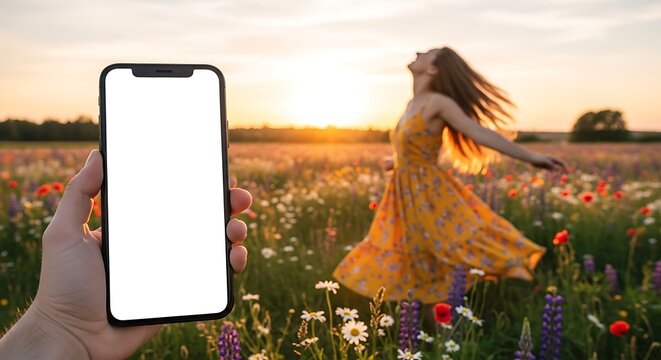 A woman in a yellow dress dances in a field of flowers while a hand holds up a smartphone with a blank screen mobile mockup - Powered by Adobe