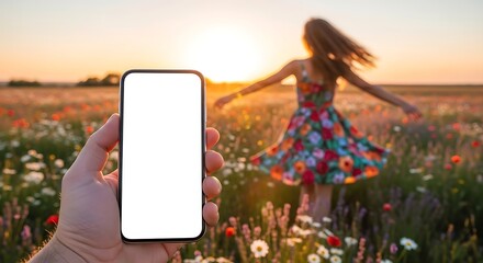 A person holds a phone with a blank screen in a field at sunset, showcasing a vibrant and colorful scene mobile mockup