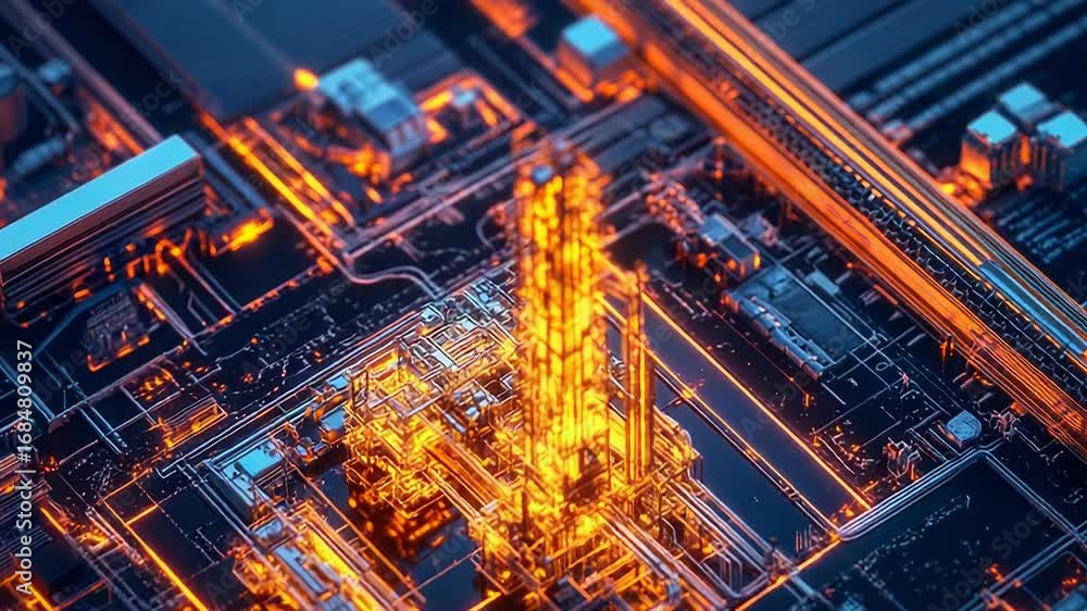 Poster futuristic refinery processing data on circuit board
