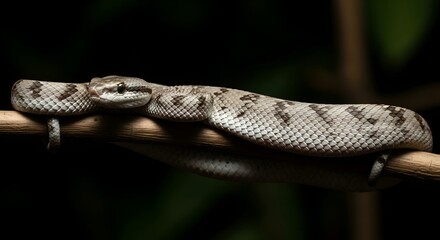 Fototapeta premium A snake coiled on a branch with a dark background in a close up shot of the snake's head and body