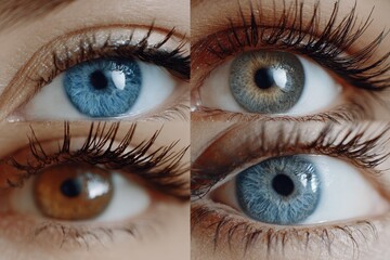 Close up view of human eyes showcasing different colors and textures in an extreme split screen format capturing detail and beauty of iris and eyelashes in natural light