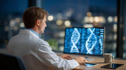 Precision Medicine Analysis: A geneticist reviewing DNA data on a screen with a tablet a coffee mug and a modern genomics lab setting. high quality photo ultra high detail