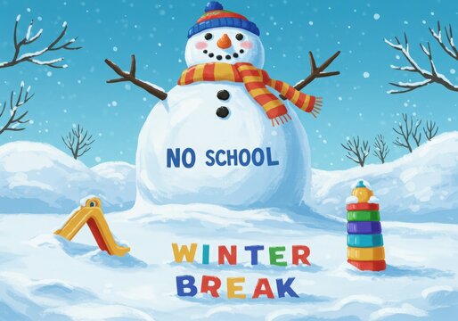 Joyful snowman announces no school winter break with colorful blocks and playground slide