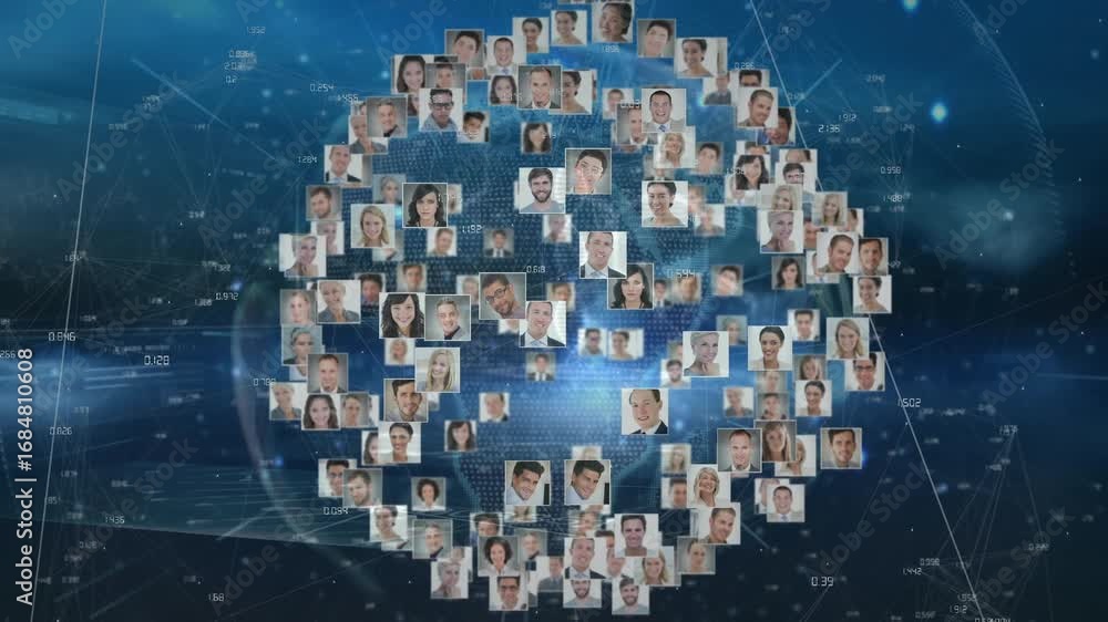 Aufkleber animation of network of connections with diverse people over data processing on black background