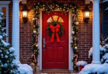 a charming red brick house door adorned with evergreen garlands, candy canes, silver ornaments, and a big red bow centerpiece, glowing in the crisp christmas night.