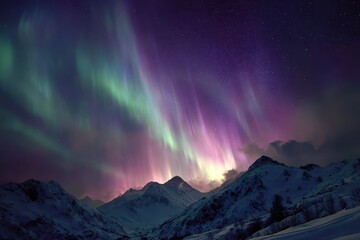 Vibrant aurora borealis illuminating a snowy mountain landscape under a clear night sky in the northern regions of the world during the cold winter months