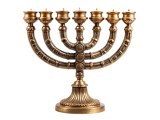 Ornate brass menorah with lit candles isolated for religious celebrations transparent background