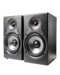 Fototapeta premium Pair of black studio monitor speakers isolated professional audio equipment detail shot transparent background