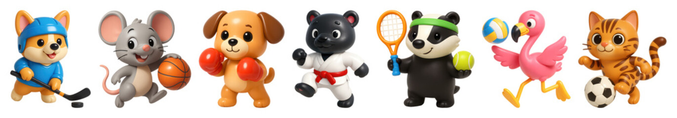 PNG Cute animals playing various sports, element set on transparent background