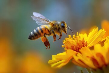 Busy bee collects pollen from vibrant yellow flower in a sunlit garden during springtime bloom