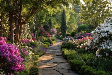 Lush garden path surrounded by vibrant flowers and greenery creates a serene walking experience in a tranquil landscape during the golden hour