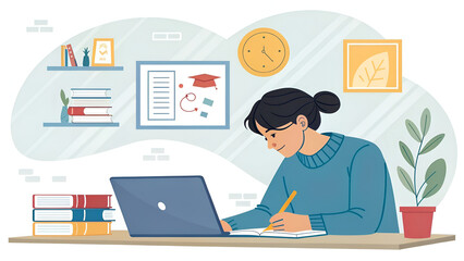 “Focused student learning online with laptop at desk. Concept of education, e-learning, knowledge, and digital classroom.”