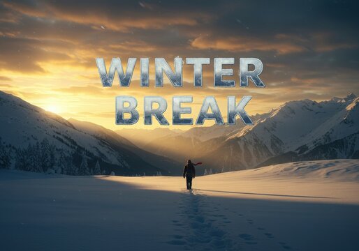 Lone figure walks through a snowy mountain landscape at sunset with winter break text overlay - Powered by Adobe