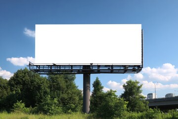 Billboard display in green space with a clear sky and open landscape near a highway in urban surroundings