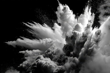 Explosive black cloud particles create a dramatic atmospheric display in a darkened background, capturing motion and energy in a fascinating visual moment