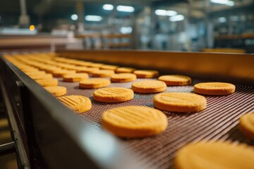 Biscuits on conveyor belt during baking process in industrial confectionery facility