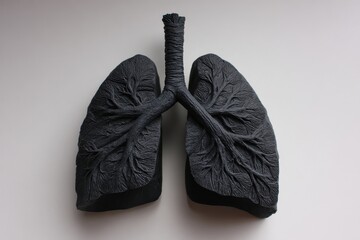 Black lungs displayed in a medical art installation showcasing the impact of smoking and air pollution on respiratory health and well-being