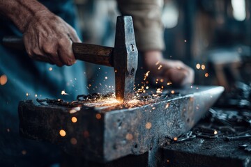 Blacksmith forges glowing metal with hammer on anvil in artisan workshop during late afternoon light