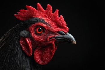 Portrait of a striking black rooster with vibrant red comb and eye-catching features captured in a vertical shot against a dark background