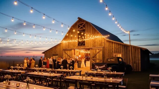Romantic barn wedding reception illuminated by fairy lights as guests mingle at dusk