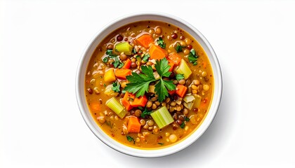 Delicious Lentil Soup with Carrots, Celery, and Parsley in White Bowl
