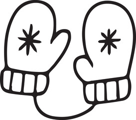 Hand-drawn black and white winter items with holiday objects: snowman, mittens, hat, boots, gift, candle, Christmas tree, cocoa cup, gingerbread cookie. Ideal for coloring, festive decor.