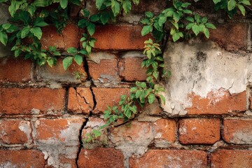 Cracked brick wall with ivy vines growing and absorbing moisture in an urban setting during daylight hours