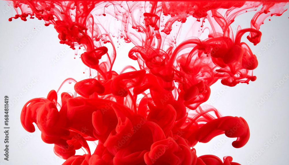 Poster vivid red liquid flowing and creating abstract waves in transparent water. fluid motion