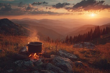 Camping by the sunset with a cooking pot over an open fire in the mountains, surrounded by serene nature and breathtaking views