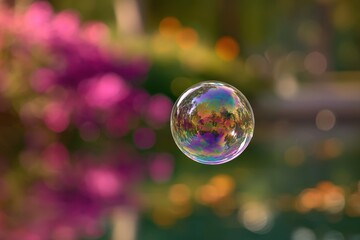 Floating bubble reflecting vibrant colors and surroundings in a serene garden setting during a warm afternoon