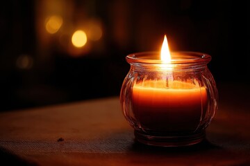 Candle flickering gently in low light fills the room with warmth and tranquility during a quiet evening