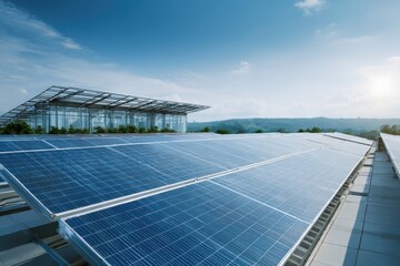 New clean building featuring solar panels with an expansive view of the landscape under a clear blue sky during daylight hours
