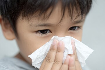Close up of young Asian child using tissue to wipe nose while experiencing cold symptoms in an indoor setting during daylight