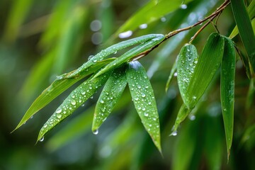Close up of fresh bamboo leaves adorned with glistening water droplets in a lush green setting during a serene morning
