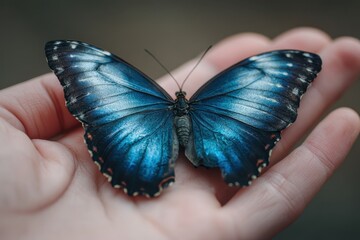 Close view of a blue butterfly resting on an open hand, showcasing intricate wing patterns and vibrant colors under natural light