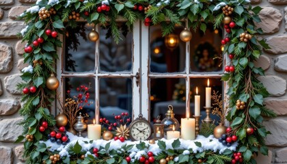 a vintage style window framed with garlands of cedar and ivy, decorated with antique ornaments, candles, and frosted berries, nostalgic charm.