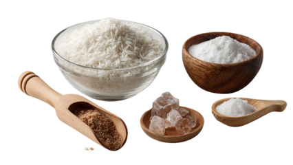 Beautiful arrangement of rice, brown sugar, and white sugar in wooden and glass bowls, isolated on a transparent background.