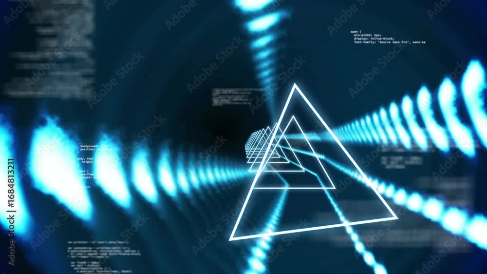 Aufkleber animation of neon triangles over data processing on black background