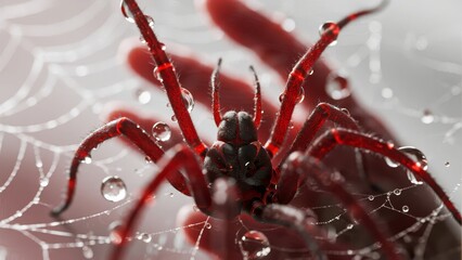 A striking red spider with dew drops on its legs and web, set against a blurred background.