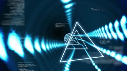 Animation of neon triangles over data processing on black background - Powered by Adobe
