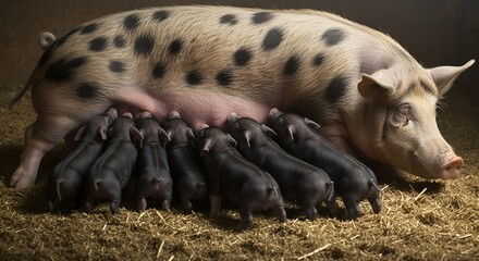 Spotted sow nursing piglets