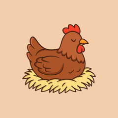 Cute Brown Hen Sitting on Nest Cartoon Vector Illustration