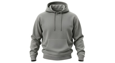 Plain grey hooded sweatshirt with a kangaroo pocket and drawstrings, isolated on a clean white background.